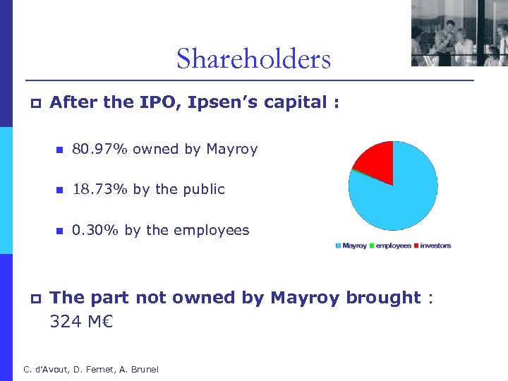Shareholders p After the IPO, Ipsen’s capital : n 80. 97% owned by Mayroy