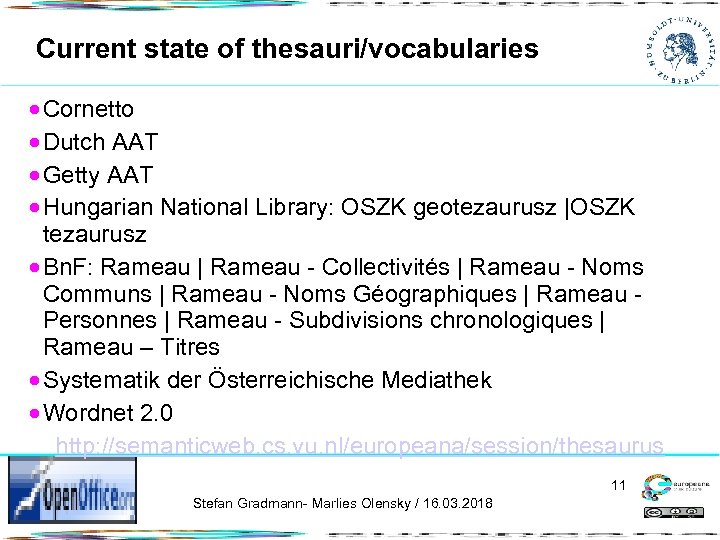 Current state of thesauri/vocabularies Cornetto Dutch AAT Getty AAT Hungarian National Library: OSZK geotezaurusz