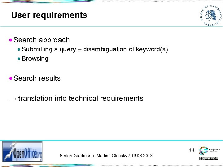 User requirements Search approach Submitting a query – disambiguation of keyword(s) Browsing Search results