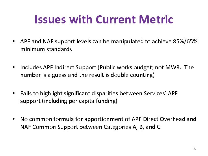 Issues with Current Metric • APF and NAF support levels can be manipulated to