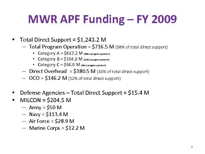 MWR APF Funding – FY 2009 • Total Direct Support = $1, 243. 2
