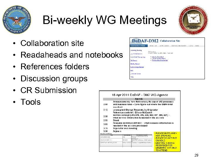 Bi-weekly WG Meetings • • • Collaboration site Readaheads and notebooks References folders Discussion