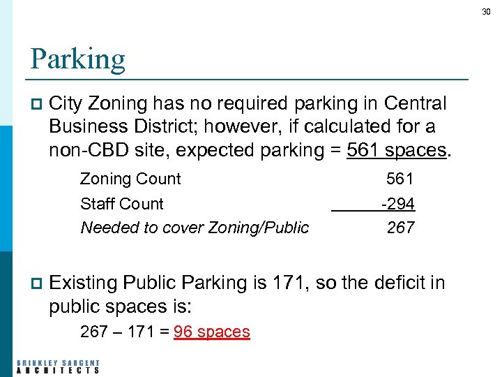 30 Parking p City Zoning has no required parking in Central Business District; however,