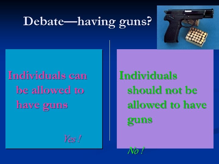 Debate—having guns? Individuals can be allowed to have guns Yes ! Individuals should not