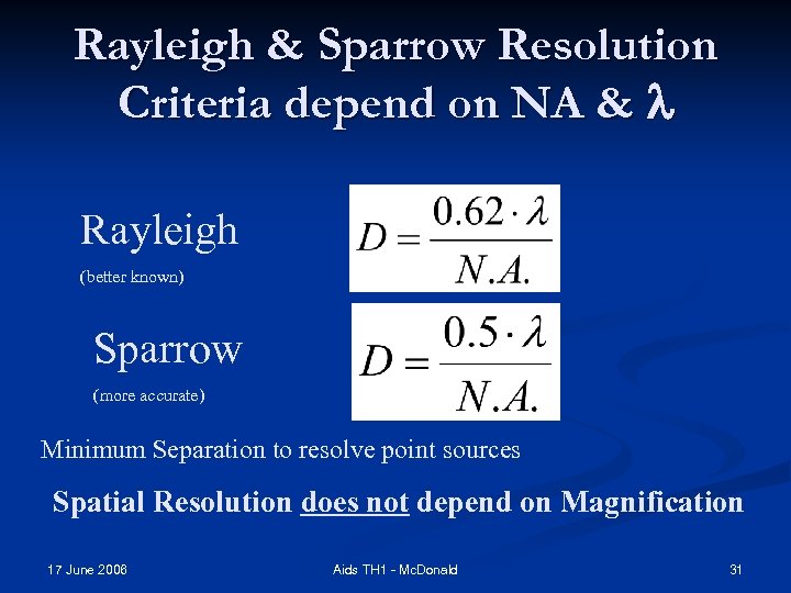 Rayleigh & Sparrow Resolution Criteria depend on NA & Rayleigh (better known) Sparrow (more