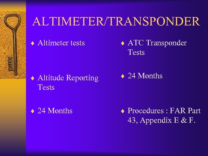 ALTIMETER/TRANSPONDER ¨ Altimeter tests ¨ ATC Transponder Tests ¨ Altitude Reporting ¨ 24 Months