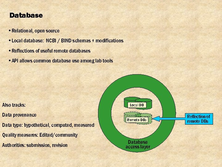 Database • Relational, open source • Local database: NCBI / BIND schemas + modifications