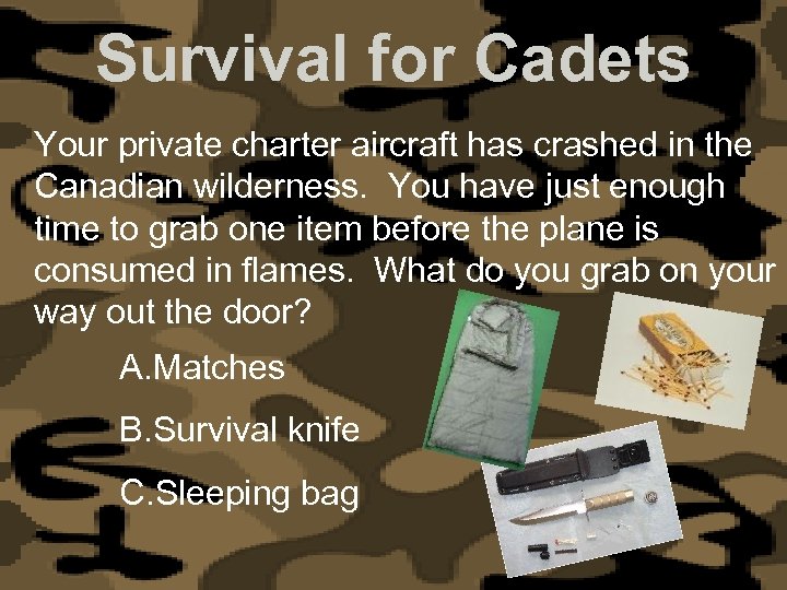 Survival for Cadets Your private charter aircraft has crashed in the Canadian wilderness. You