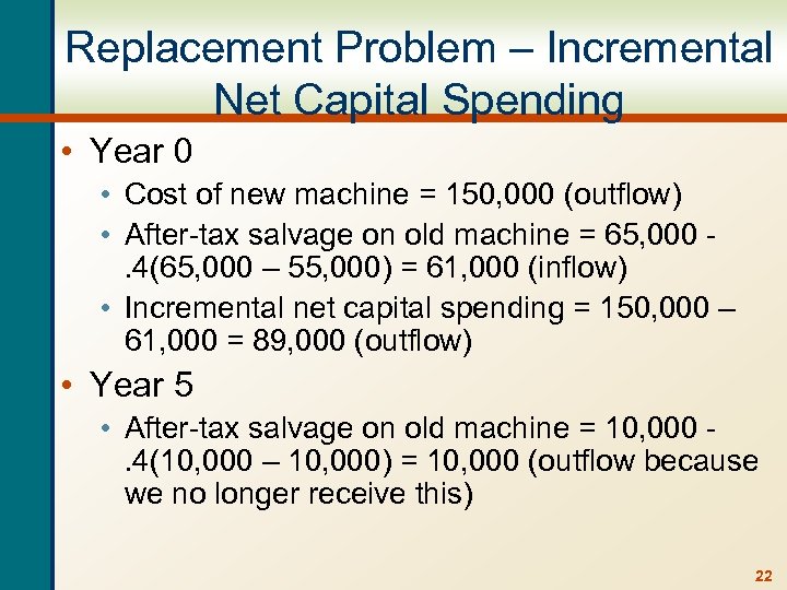 Replacement Problem – Incremental Net Capital Spending • Year 0 • Cost of new