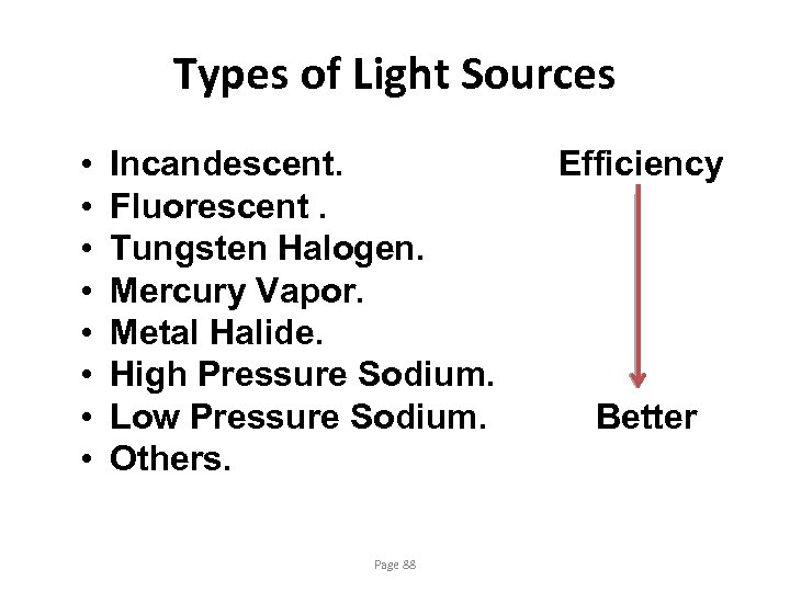 Types of Light Sources • • Incandescent. Fluorescent. Tungsten Halogen. Mercury Vapor. Metal Halide.