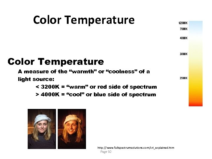 Color Temperature A measure of the “warmth” or “coolness” of a light source: <