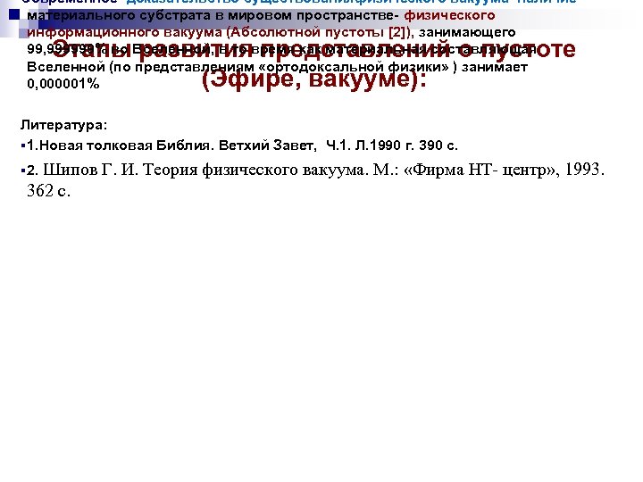 Современное- доказательство существованияфизического вакуума -наличие материального субстрата в мировом пространстве- физического информационного вакуума (Абсолютной