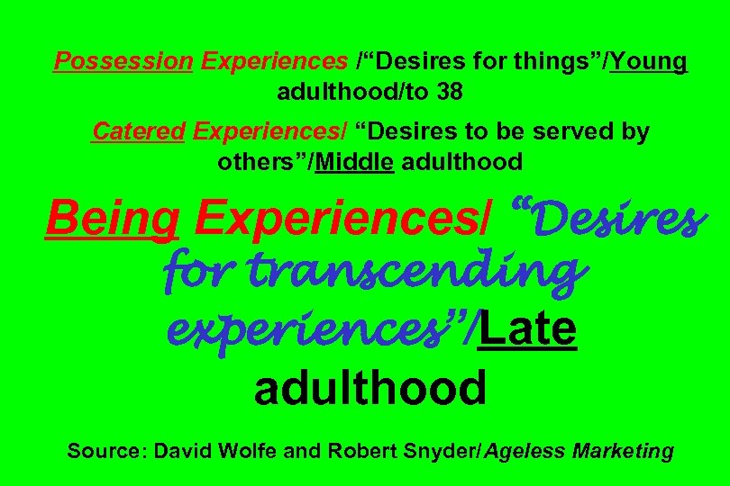 Possession Experiences /“Desires for things”/Young adulthood/to 38 Catered Experiences/ “Desires to be served by