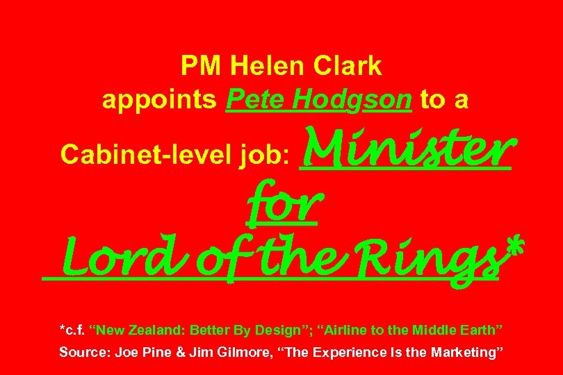 PM Helen Clark appoints Pete Hodgson to a Minister for Lord of the Rings*