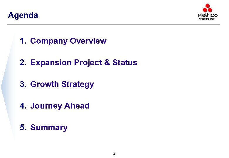 Agenda 1. Company Overview 2. Expansion Project & Status 3. Growth Strategy 4. Journey