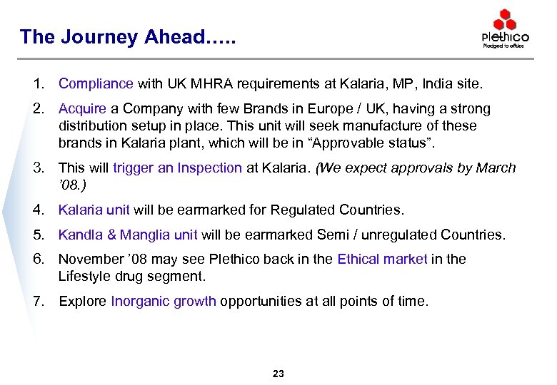 The Journey Ahead…. . 1. Compliance with UK MHRA requirements at Kalaria, MP, India