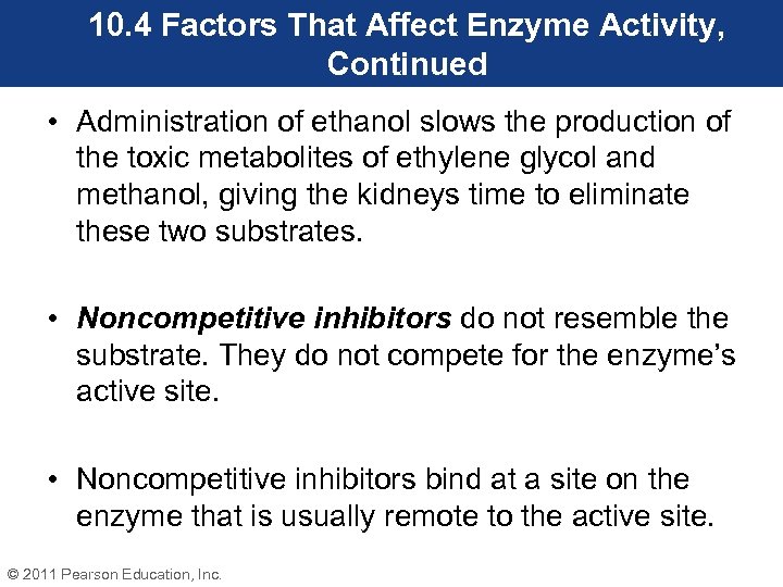 10. 4 Factors That Affect Enzyme Activity, Continued • Administration of ethanol slows the