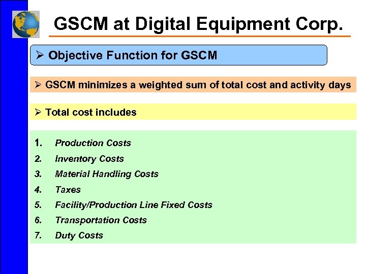 GSCM at Digital Equipment Corp. Ø Objective Function for GSCM Ø GSCM minimizes a
