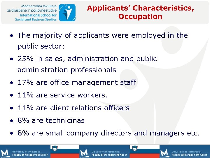 Applicants’ Characteristics, Occupation • The majority of applicants were employed in the public sector: