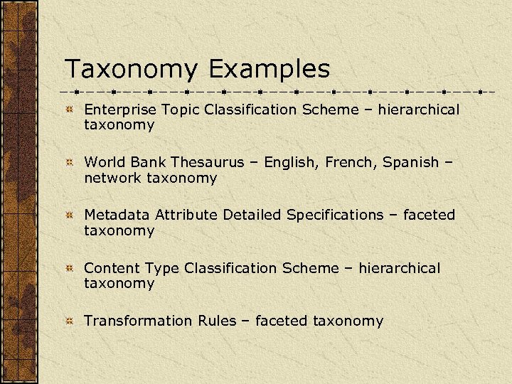Taxonomy Examples Enterprise Topic Classification Scheme – hierarchical taxonomy World Bank Thesaurus – English,
