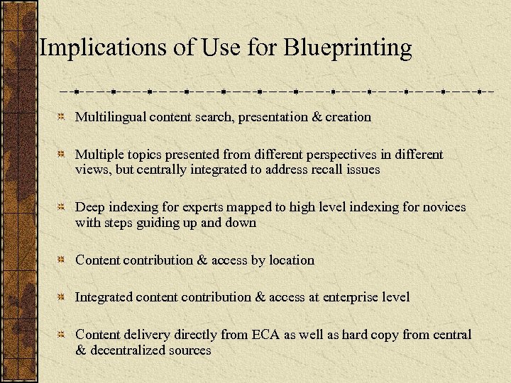 Implications of Use for Blueprinting Multilingual content search, presentation & creation Multiple topics presented