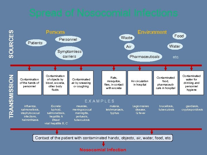 TRANSMISSION SOURCES Spread of Nosocomial Infections Persons Patients Environment Water Air Symptomless carriers Contamination