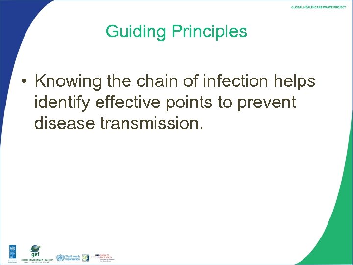 Guiding Principles • Knowing the chain of infection helps identify effective points to prevent