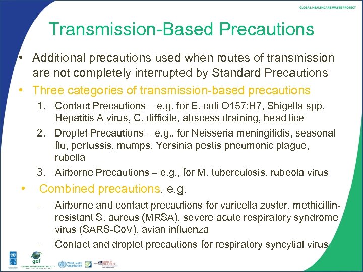 Transmission-Based Precautions • Additional precautions used when routes of transmission are not completely interrupted