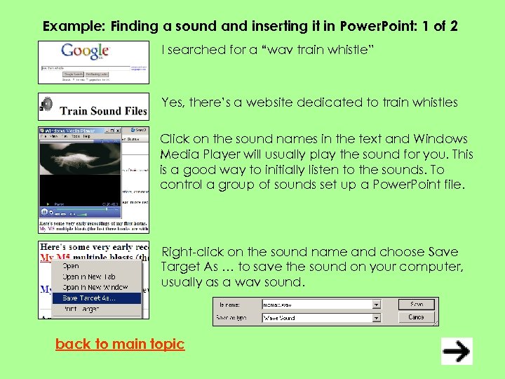 Example: Finding a sound and inserting it in Power. Point: 1 of 2 I