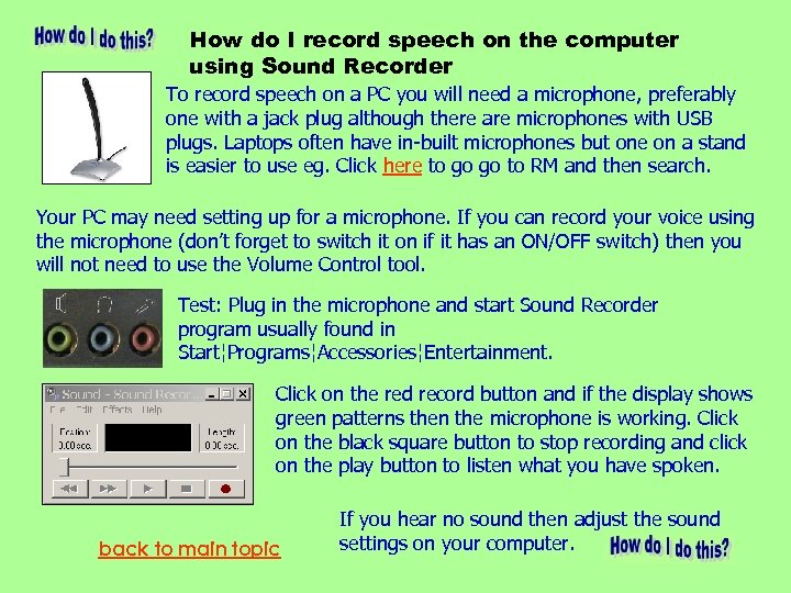 How do I record speech on the computer using Sound Recorder To record speech