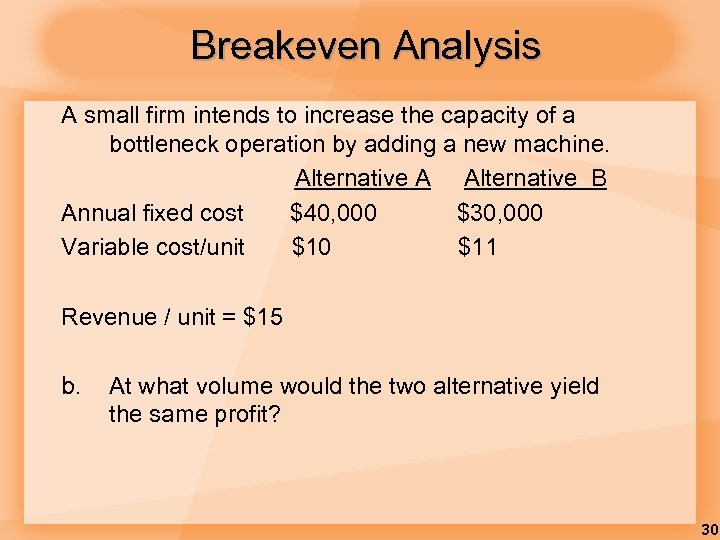 Breakeven Analysis A small firm intends to increase the capacity of a bottleneck operation