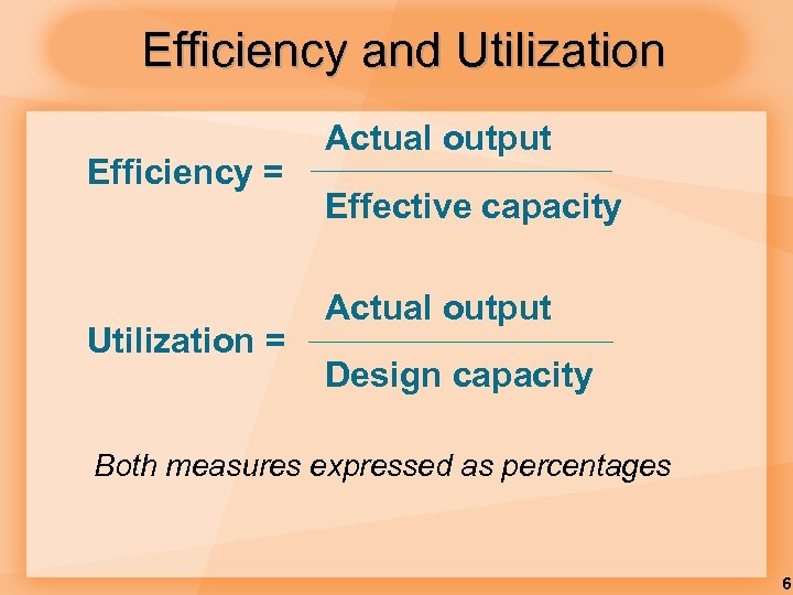 Efficiency and Utilization Efficiency = Utilization = Actual output Effective capacity Actual output Design