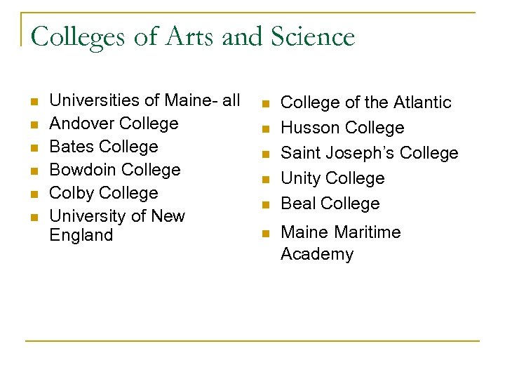 Colleges of Arts and Science n n n Universities of Maine- all Andover College