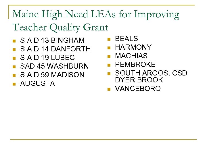 Maine High Need LEAs for Improving Teacher Quality Grant n n n S A