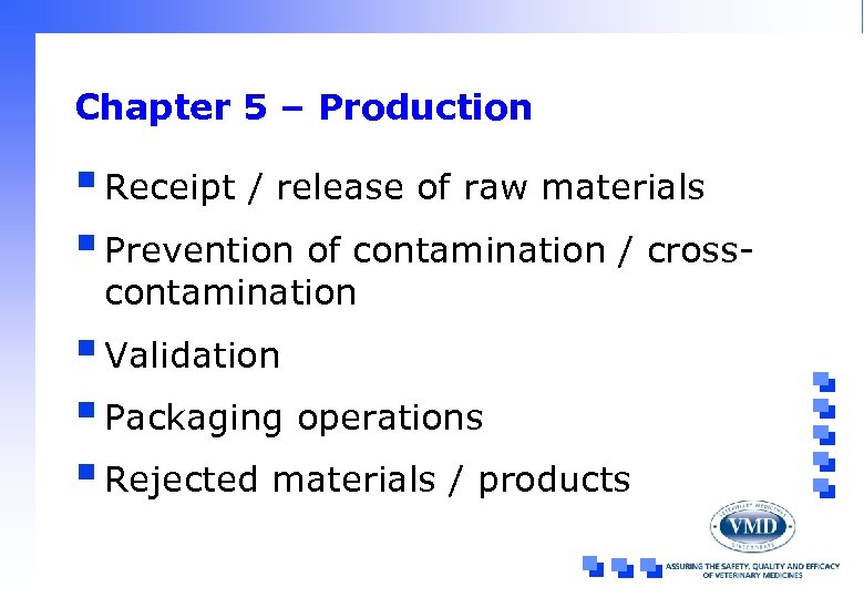 Chapter 5 – Production § Receipt / release of raw materials § Prevention of