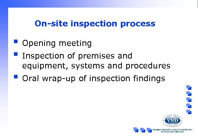 On-site inspection process § Opening meeting § Inspection of premises and equipment, systems and