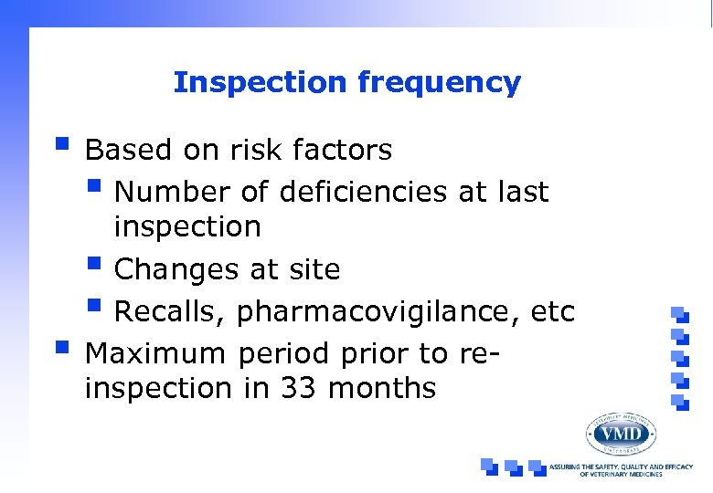 Inspection frequency § Based on risk factors § Number of deficiencies at last §