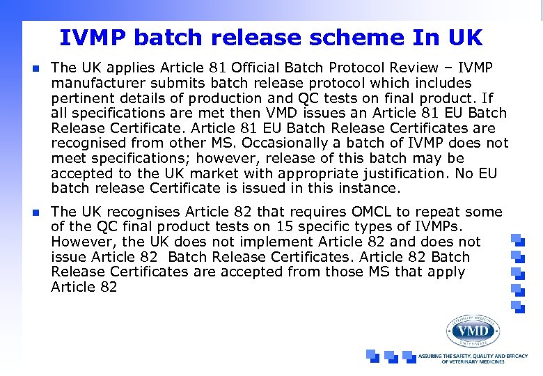 IVMP batch release scheme In UK n The UK applies Article 81 Official Batch