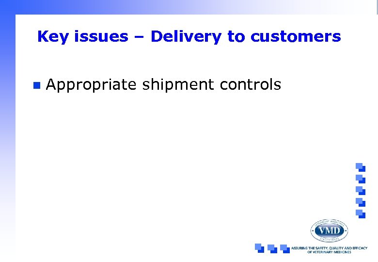 Key issues – Delivery to customers n Appropriate shipment controls 