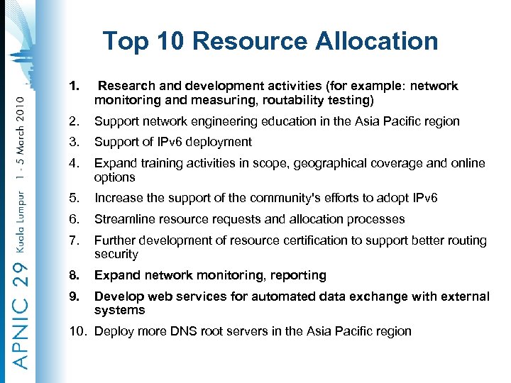 Top 10 Resource Allocation 1. Research and development activities (for example: network monitoring and