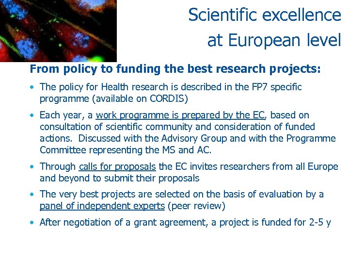 Scientific excellence at European level From policy to funding the best research projects: •