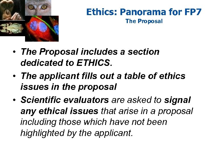 Ethics: Panorama for FP 7 The Proposal • The Proposal includes a section dedicated