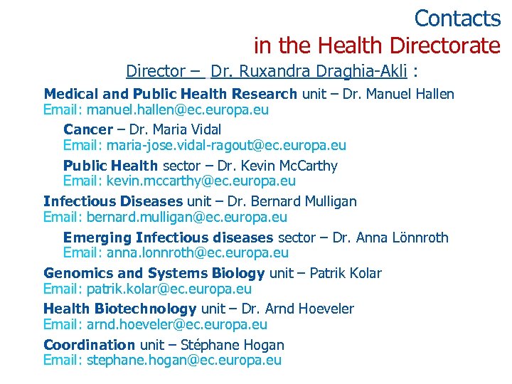 Contacts in the Health Directorate Director – Dr. Ruxandra Draghia-Akli : Medical and Public