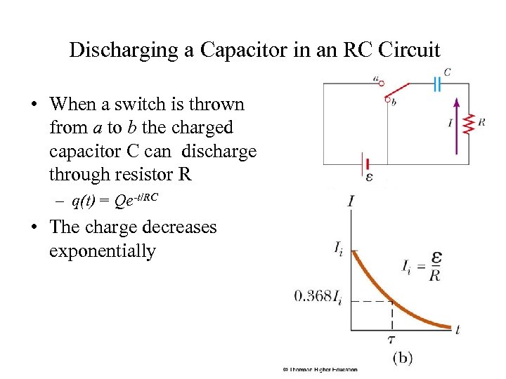 Discharging a Capacitor in an RC Circuit • When a switch is thrown from