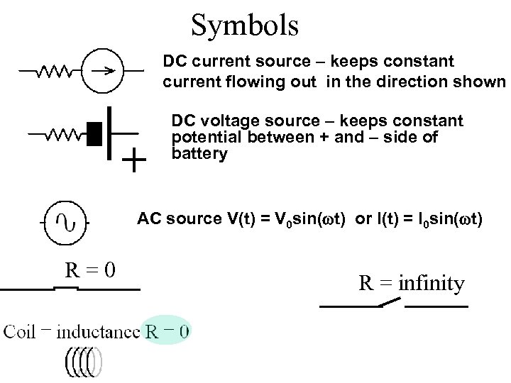 Symbols DC current source – keeps constant current flowing out in the direction shown