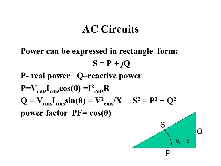 AC Circuits Power can be expressed in rectangle form: S = P + j.