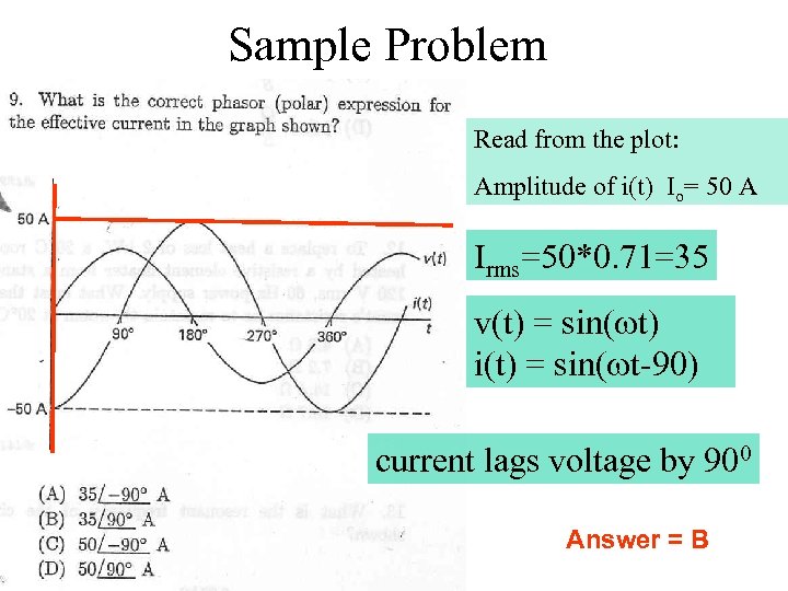 Sample Problem Read from the plot: Amplitude of i(t) Io= 50 A Irms=50*0. 71=35