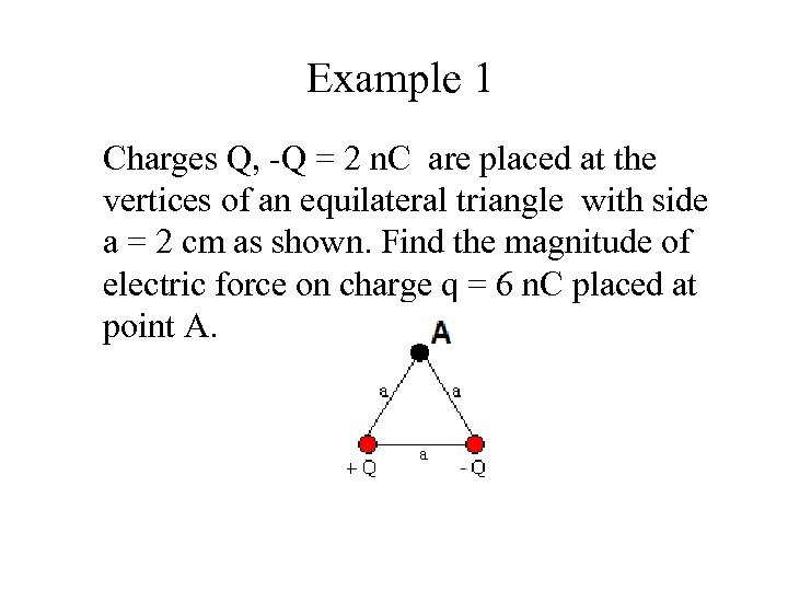 Example 1 Charges Q, -Q = 2 n. C are placed at the vertices