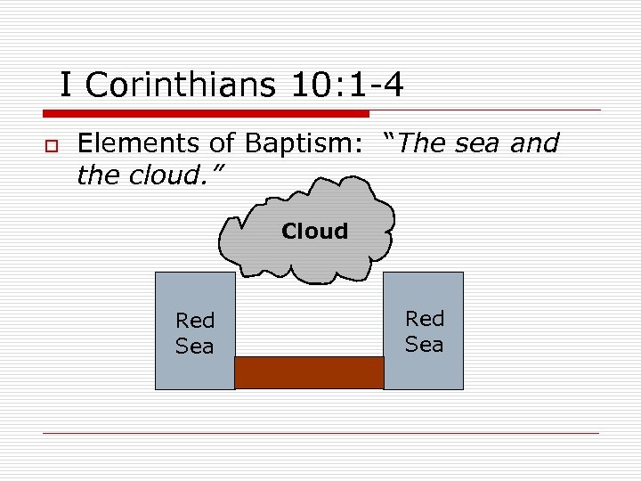 I Corinthians 10: 1 -4 o Elements of Baptism: “The sea and the cloud.