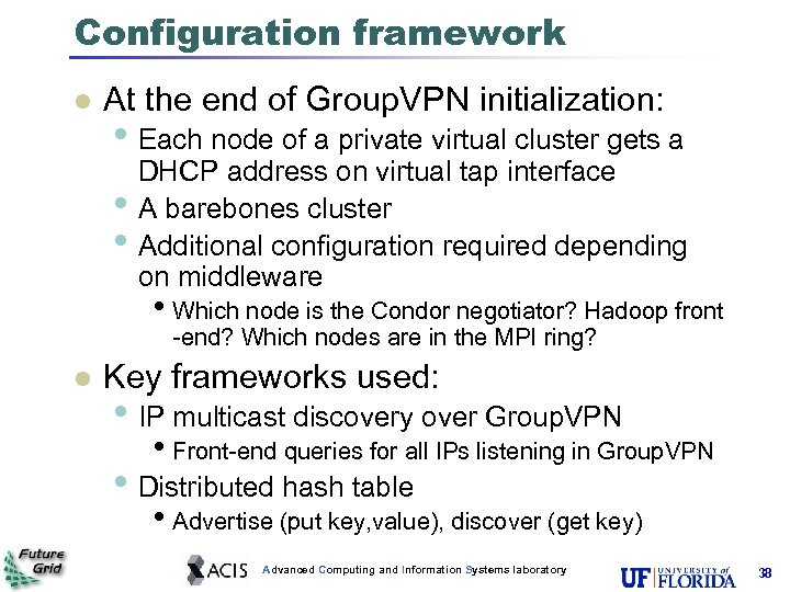 Configuration framework At the end of Group. VPN initialization: • Each node of a